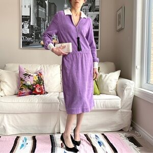 Handmade purple terry midi dress with knit white collar and cuffs